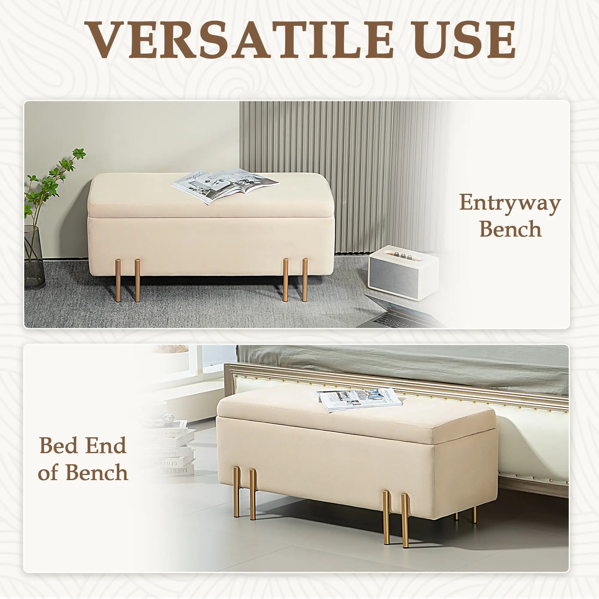 Storage Ottoman Bench, Flip-Top, 18.5 Gallons, Velvet, Metal Legs, Beige Storage Ottomans & Benches at Gallery Canada