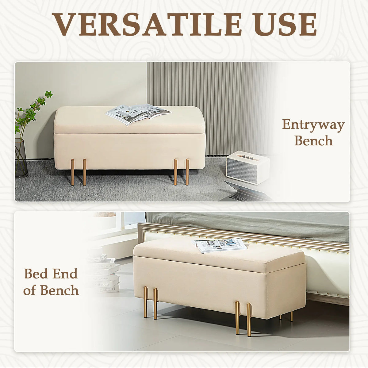 Storage Ottoman Bench, Flip-Top, 18.5 Gallons, Velvet, Metal Legs, Beige Storage Ottomans & Benches at Gallery Canada