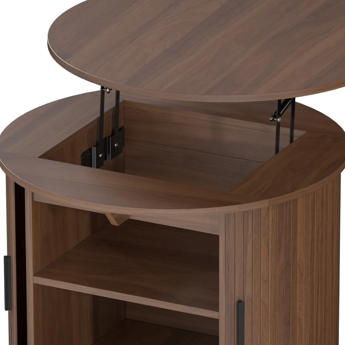 Table basse ronde avec plateau relevable, rangement cannelé, brun noyer, brun noyer