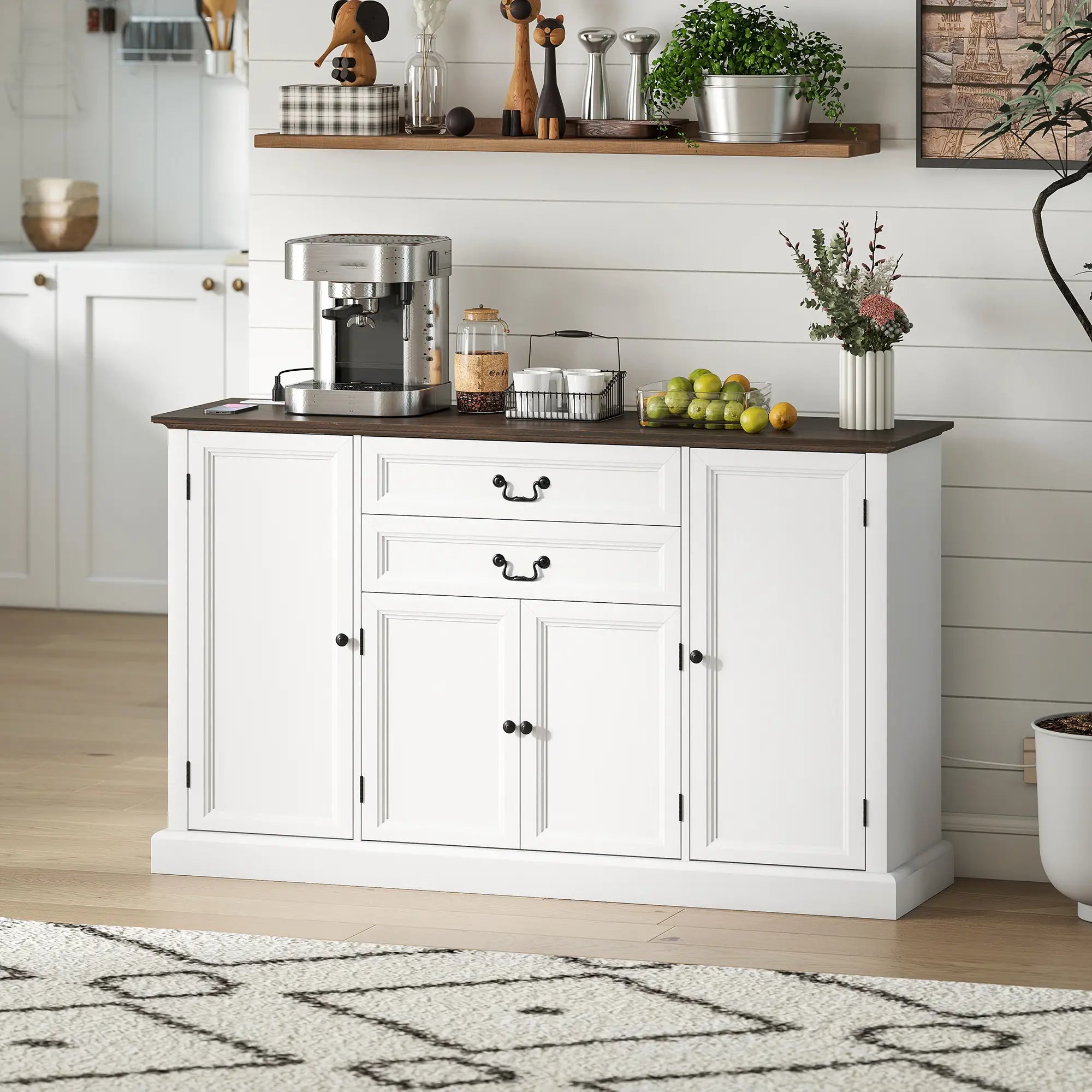 Farmhouse Sideboard with Charging Station, 58 Inch Buffet Cabinet, White Storage Cabinets at Gallery Canada