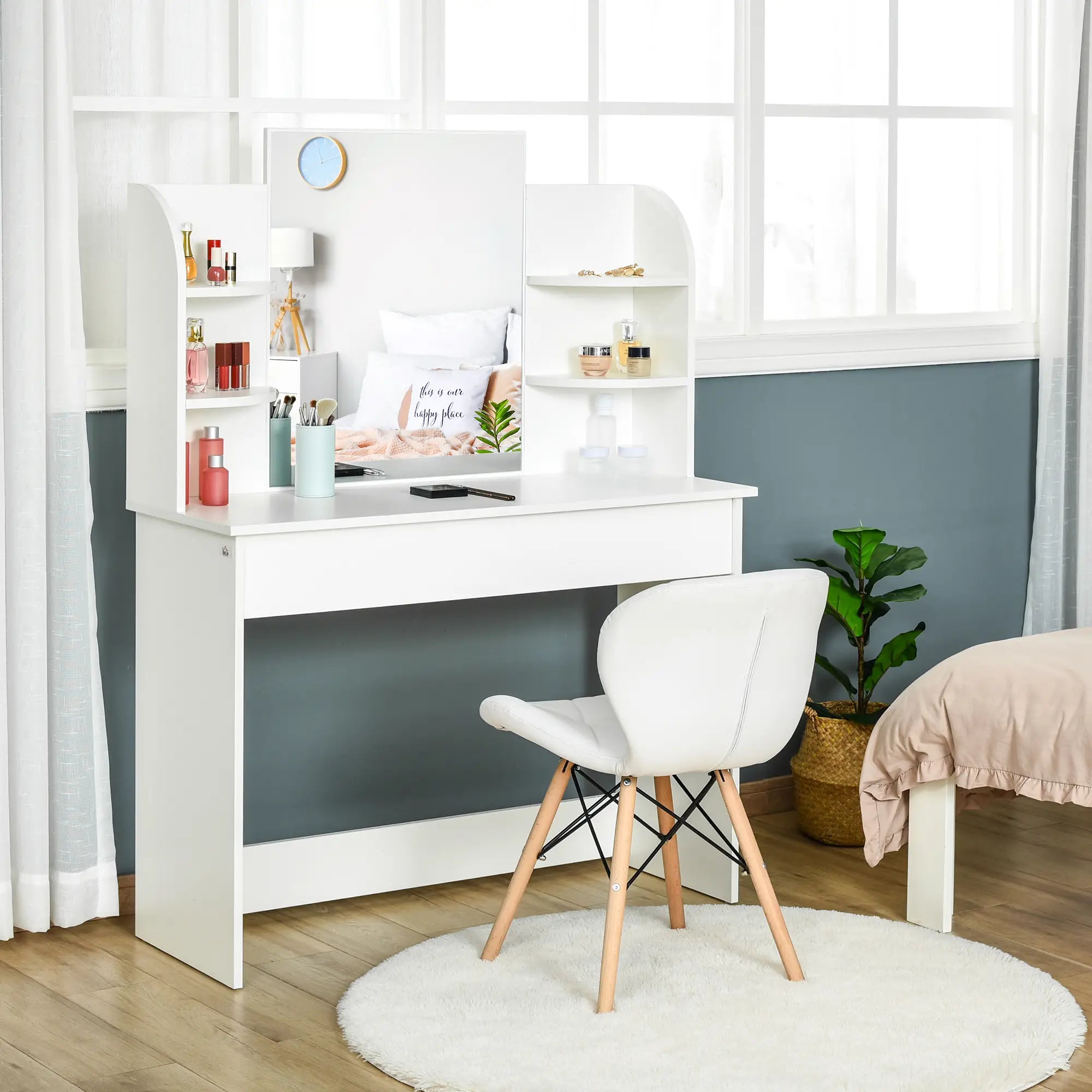 Wood Dressing Table With Makeup Mirror, Big Drawers, Open Shelf, White Dressing & Vanity Tables at Gallery Canada