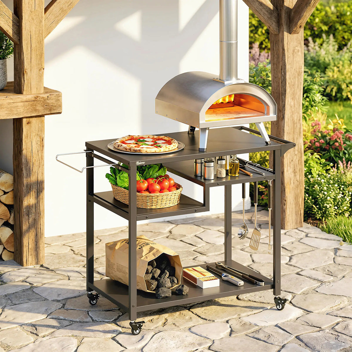 Outdoor Grill Cart, Three-Shelf Pizza Oven Stand With Hooks, Wheels, Black