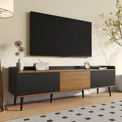 Three Door Stand, Raised Edge, Sturdy Wooden Legs, 63" L x 15.5" W x 19.5" H, Natural, Black TV Stands at Gallery Canada