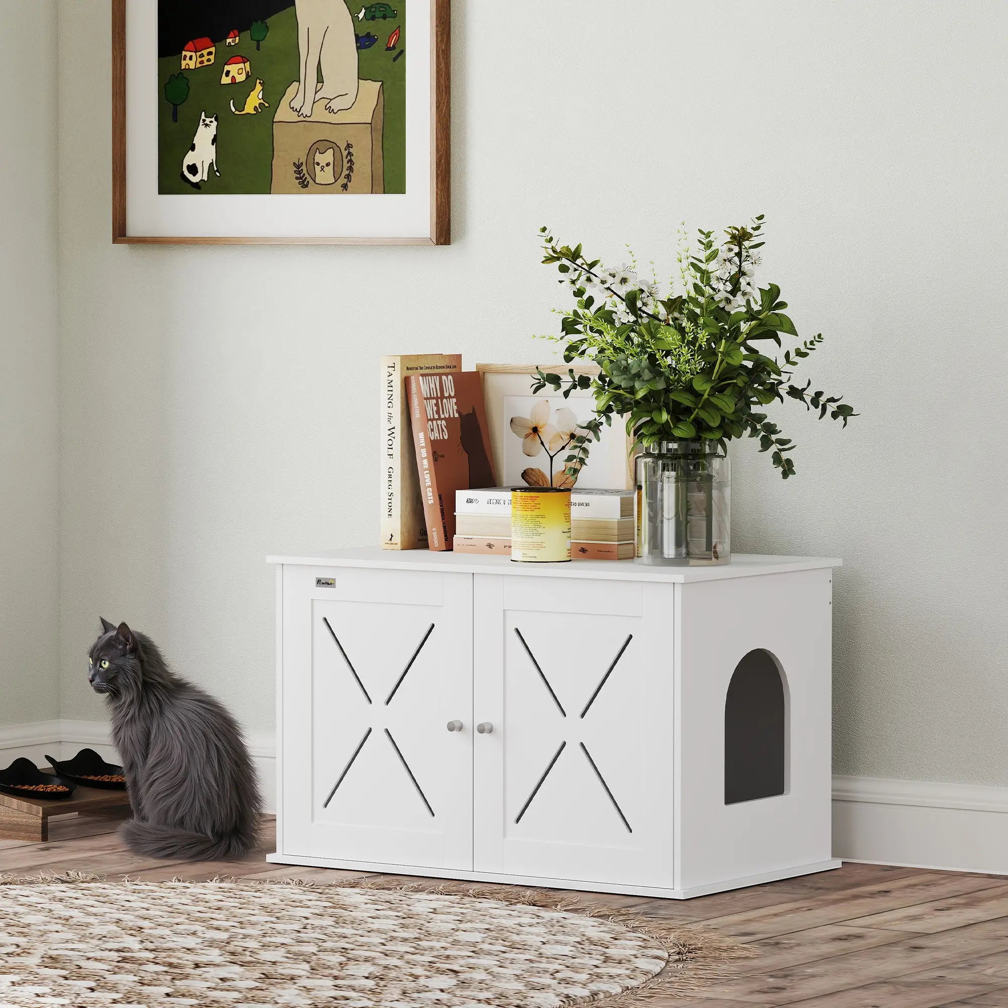 Hidden Cat Litter Box Enclosure, Double Doors, Hole, 31.5
