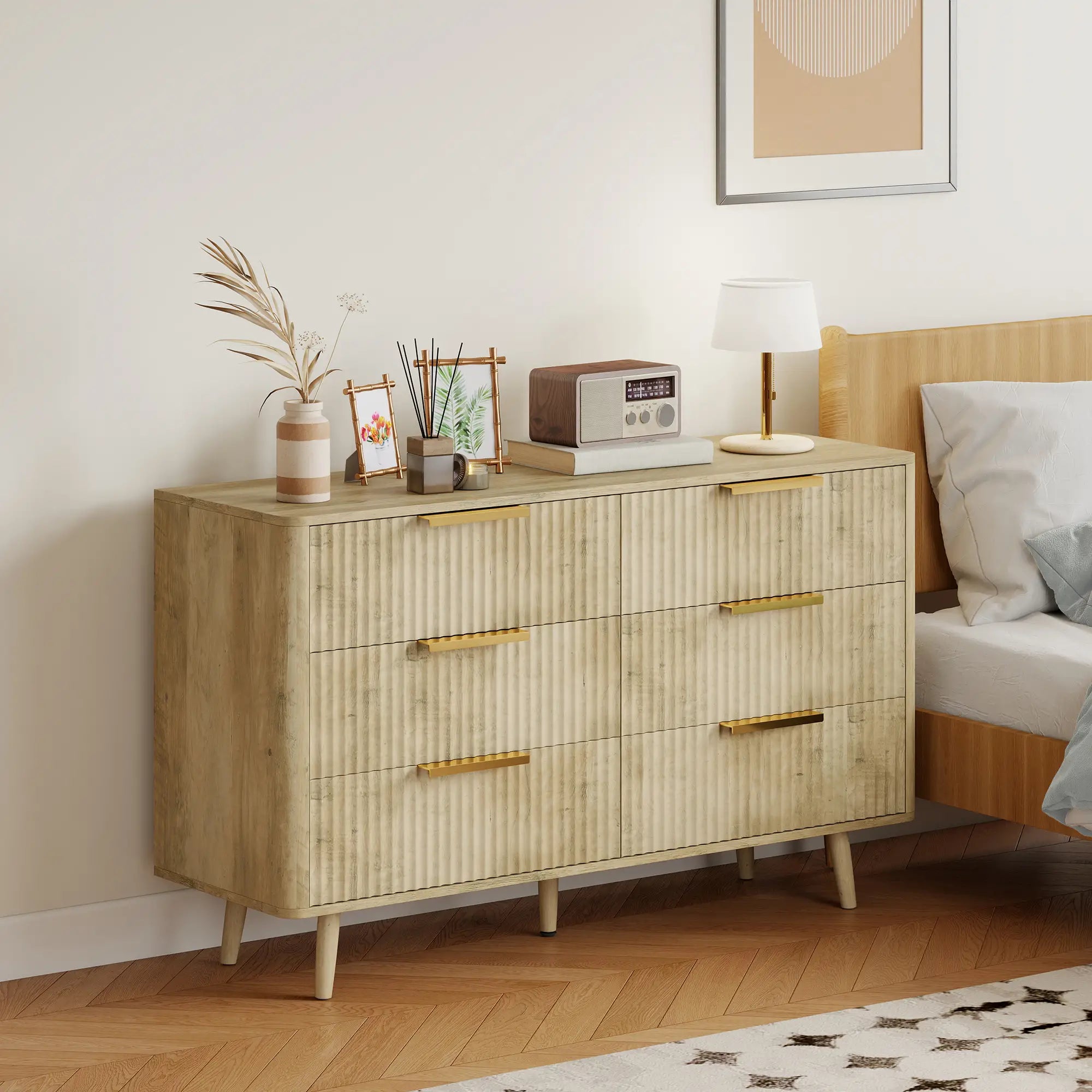 Fluted Chest of Drawers, 6 Drawer Dresser with Pine Wood Legs, Oak Storage Cabinets at Gallery Canada