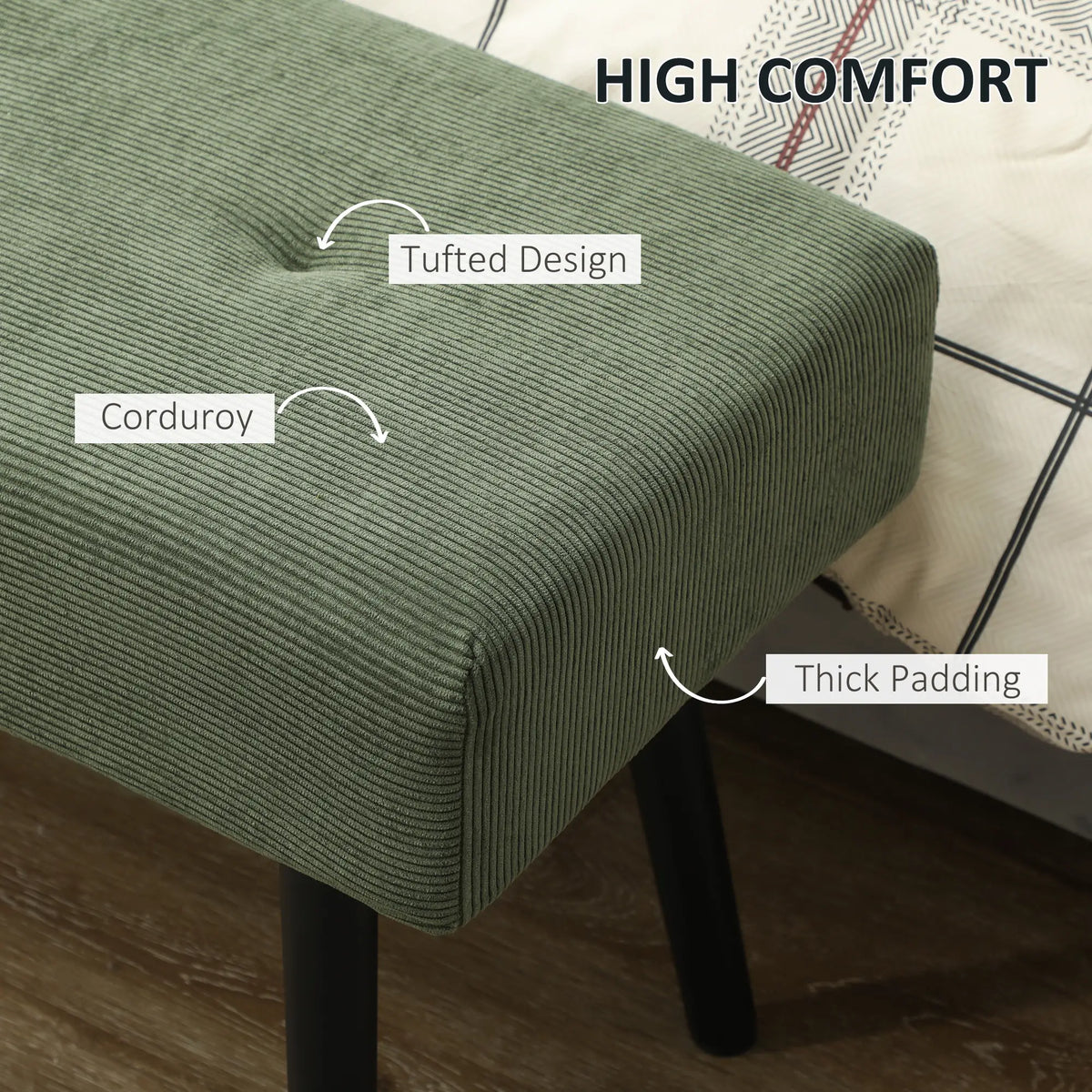 39" Upholstered Ottoman Bench, Corduroy, Padded Seat, Steel Legs, Green Storage Ottomans & Benches at Gallery Canada