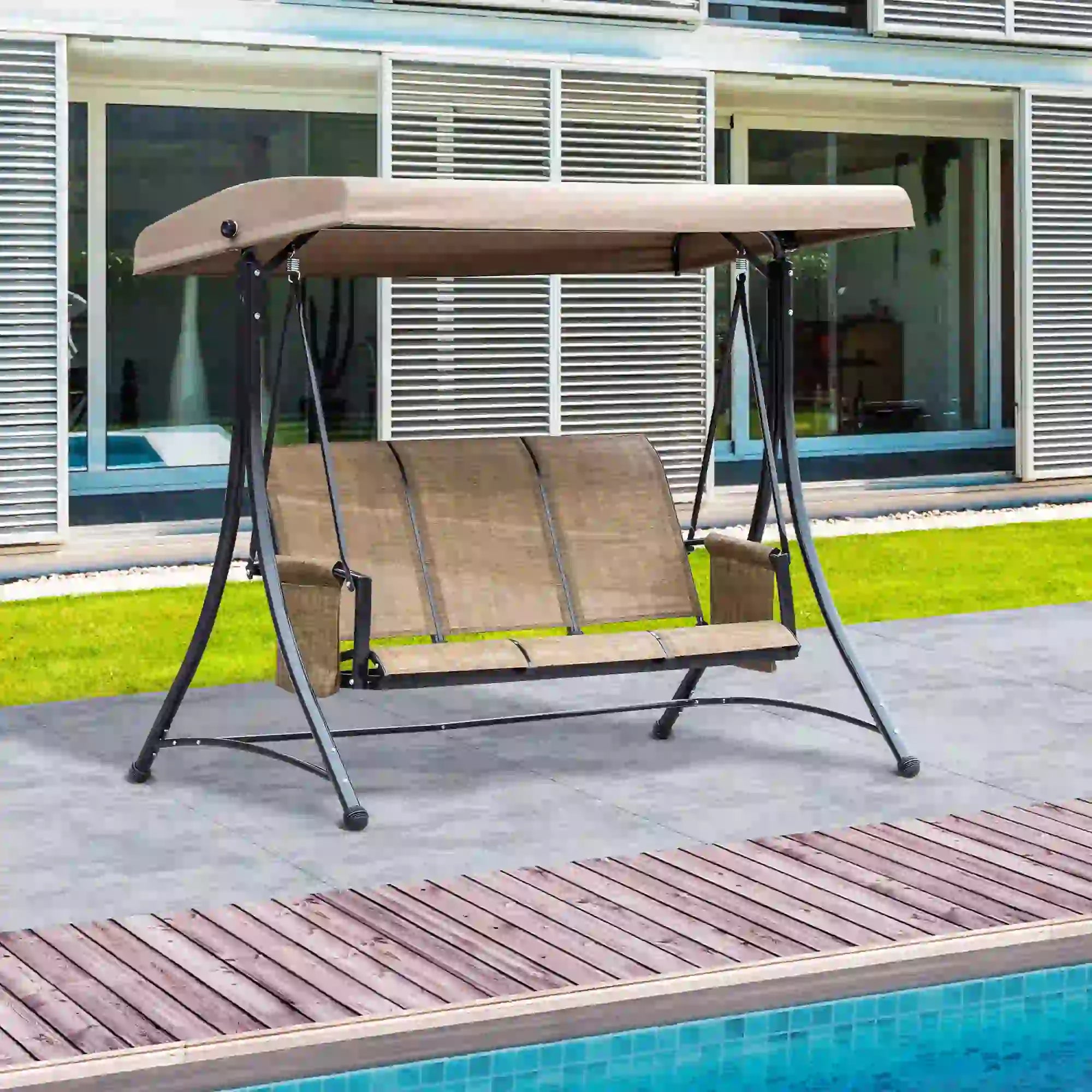 3-Person Porch Swing Chair With Adjustable Canopy, Brown Patio Swings with Stand at Gallery Canada