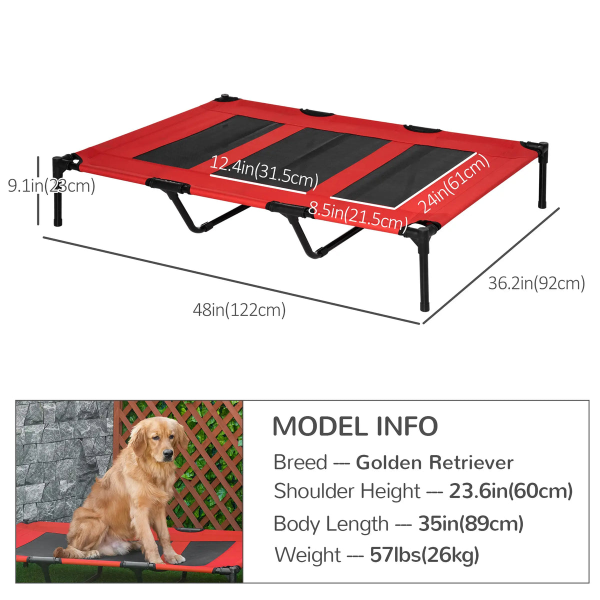 Elevated Dog Bed, Raised Dog Cot, XL 48" x 36" x 9", Red Elevated Dog Beds at Gallery Canada