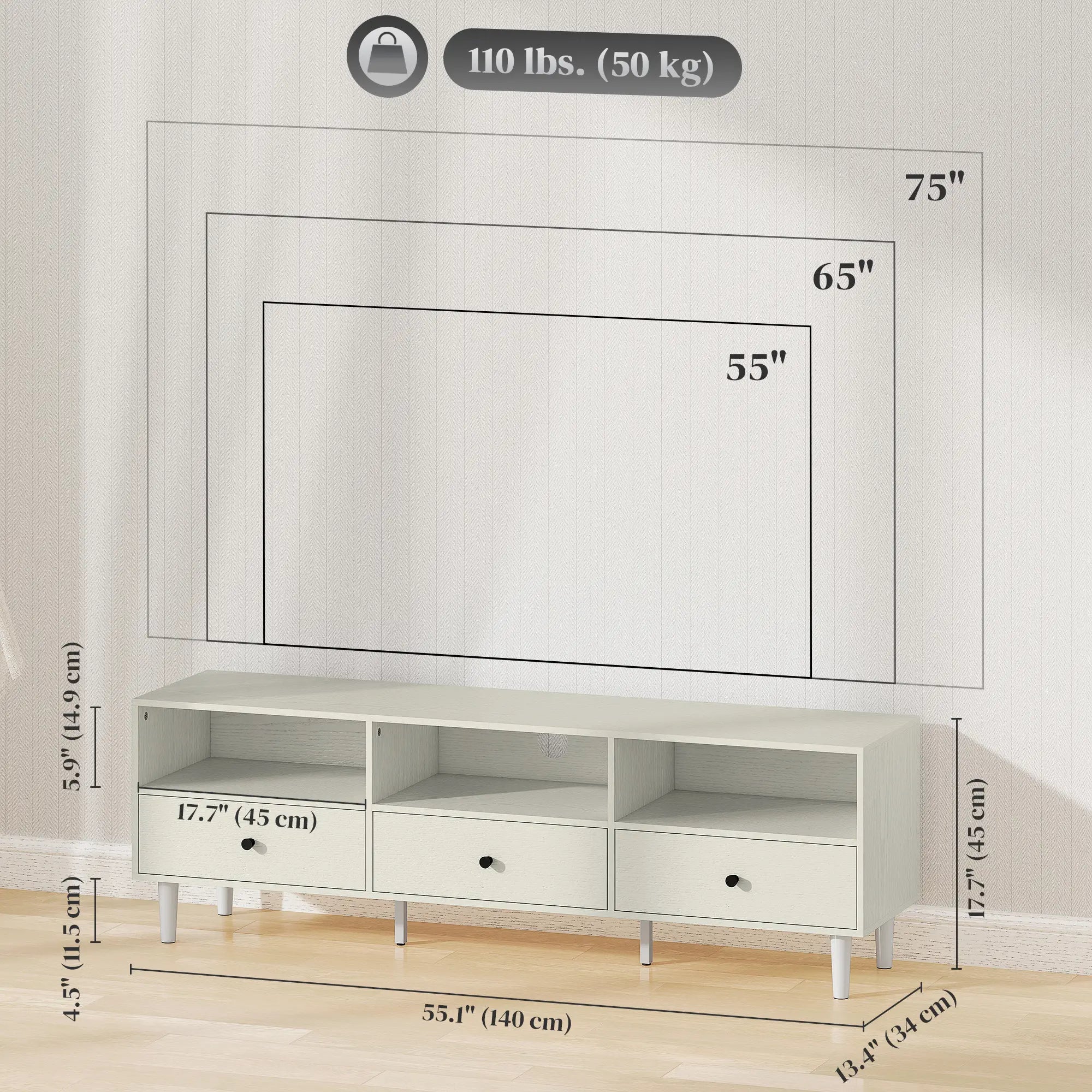 TV Stand for 75 Inches, 3 Storage Shelves, 3 Drawers, White TV Stands at Gallery Canada