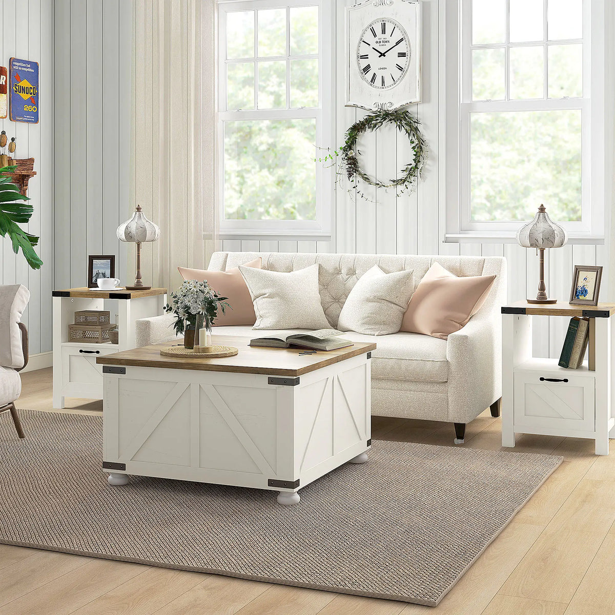 Farmhouse Coffee Table, Square Flip-Top, Hidden Storage, Antique White Coffee Tables at Gallery Canada