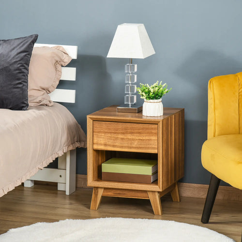 Modern Bedside Table, Nightstand with Drawer, Shelf, Walnut Brown, Brown