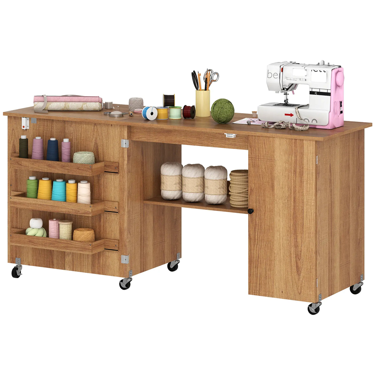 Sewing Machine Table, Drop Leaf, 2 Doors, Adjustable Shelf, Brown Sewing Cabinets Brown with Wood Grain Effect at Gallery Canada