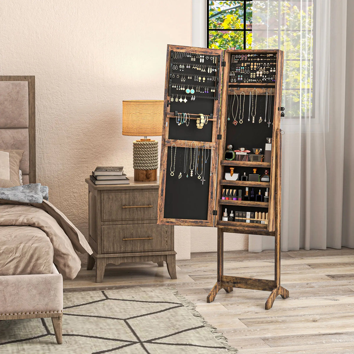 Lockable Mirror Jewelry Cabinet, Full-Length, 3 Adjustable Angles, Rustic Brown Jewelry Armoire & Jewellery Mirror Cabinets at Gallery Canada