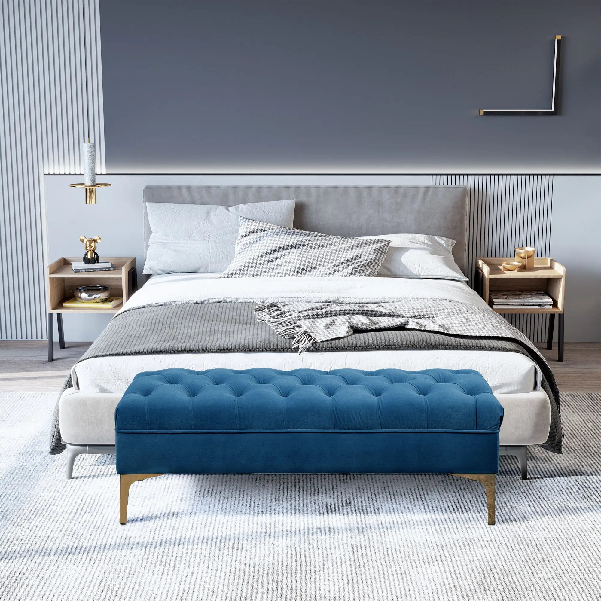 Upholstered Bed Bench With Button Tufted, For Living Room, Blue Storage Ottomans & Benches at Gallery Canada