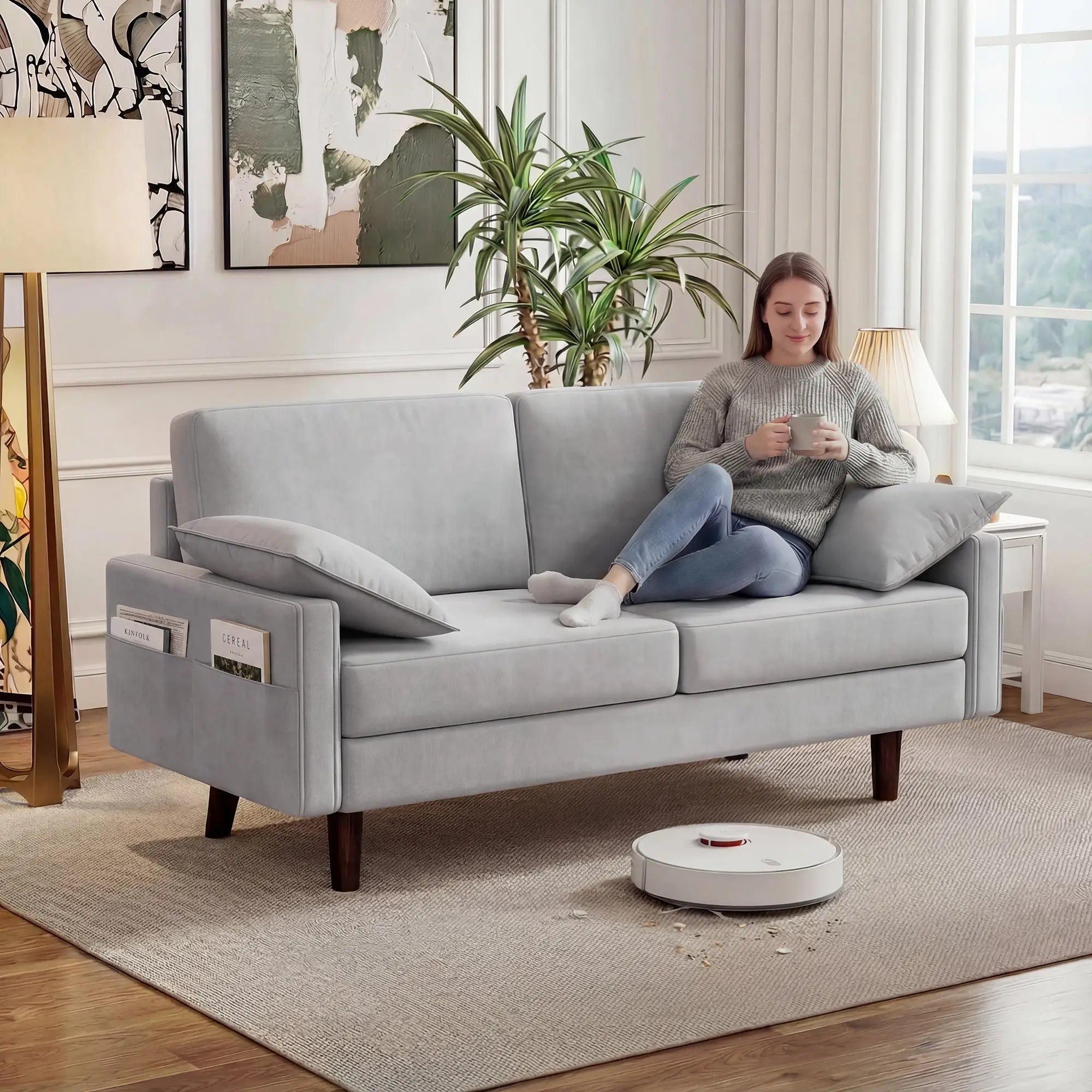 3 Seater Velvet Sofa, Spring Cushions, Rubber Wood Legs, Grey 3-Seater Sofas at Gallery Canada