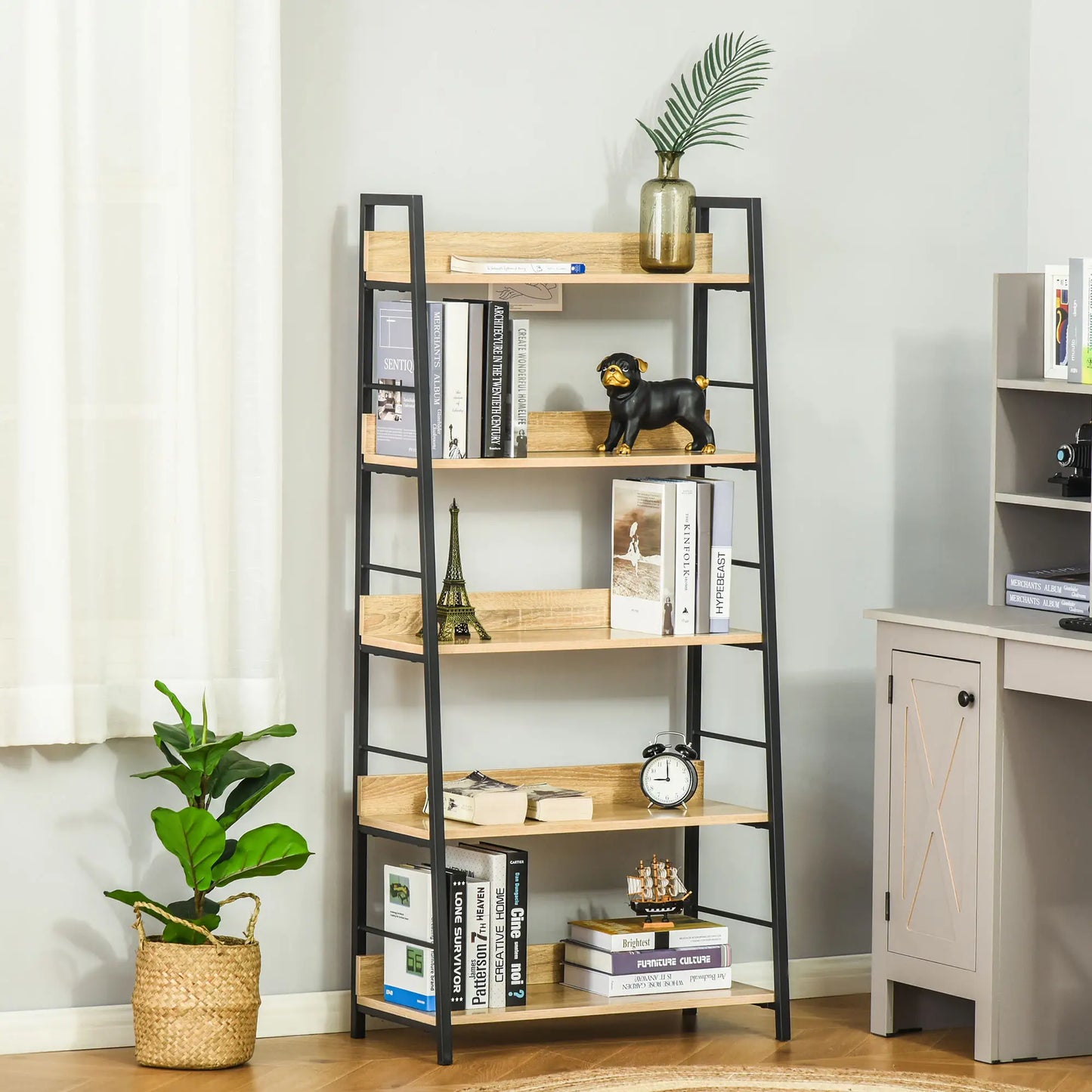 Modern 5-Tier Bookshelf, Metal Frame, Wooden Shelves, Oak Display Bookshelves at Gallery Canada