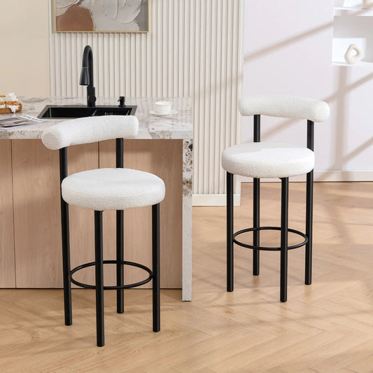 Sherpa Upholstered Bar Stools Set of 2, With Backrest and Footrest Bar Stools Cream White, Black at Gallery Canada