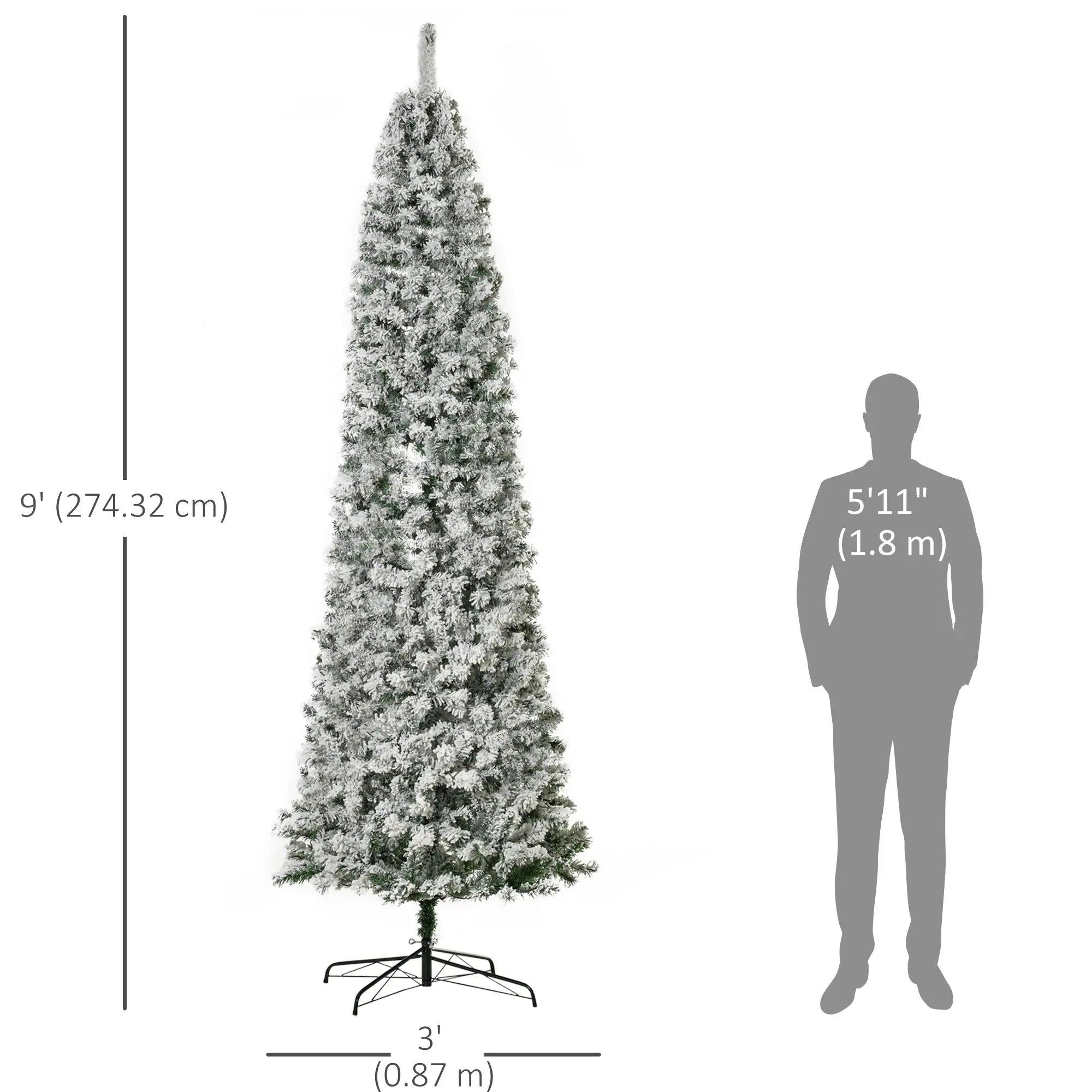 9 Feet Prelit Snow Flocked Pencil Christmas Tree, Warm White LED, Green Pre Lit Christmas Trees at Gallery Canada