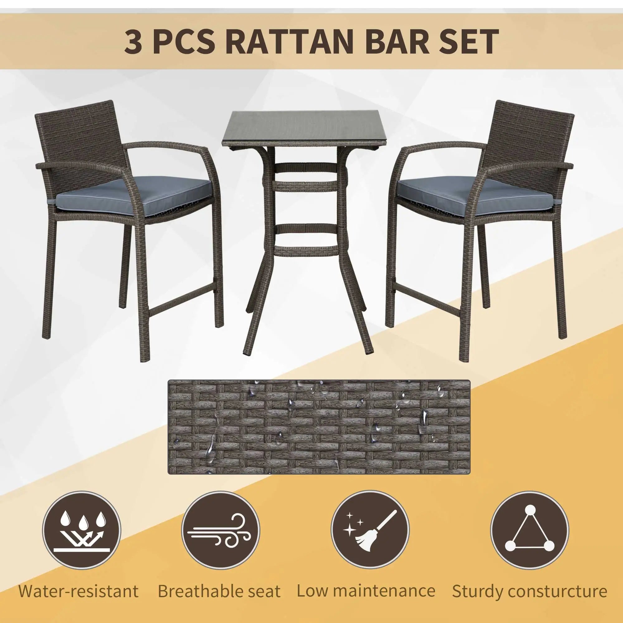 Wicker Patio Bar Set with Stools and Cushion, Grey Bistro Sets at Gallery Canada
