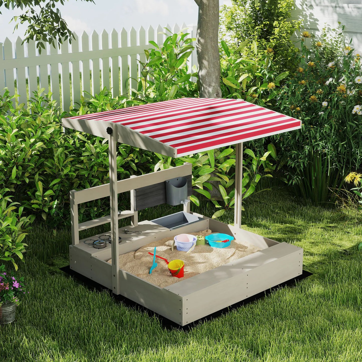 Kids Sandbox with Cover, Wooden Sand Box with Seat, Storage, 3-7 Years, Grey Sandboxes & Accessories at Gallery Canada
