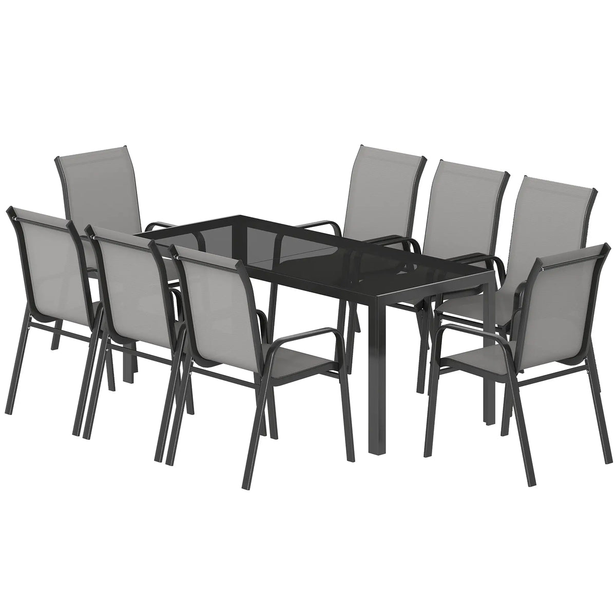 9 Piece Patio Set, Stackable Chairs, Glass Top, Light Grey Outdoor Dining Sets Light Grey, Black at Gallery Canada