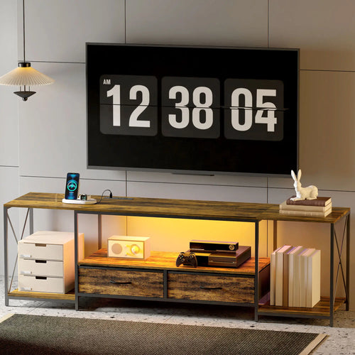 Industrial TV Stand For 60 Inch TV, Rustic Brown, With Charging Station And RGB LED Lights, Brown