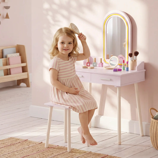 Kids Vanity Set with Stool, LED Mirror, Pink Kids Bedroom Furniture Pink, Natural, Green, Purple, White at Gallery Canada