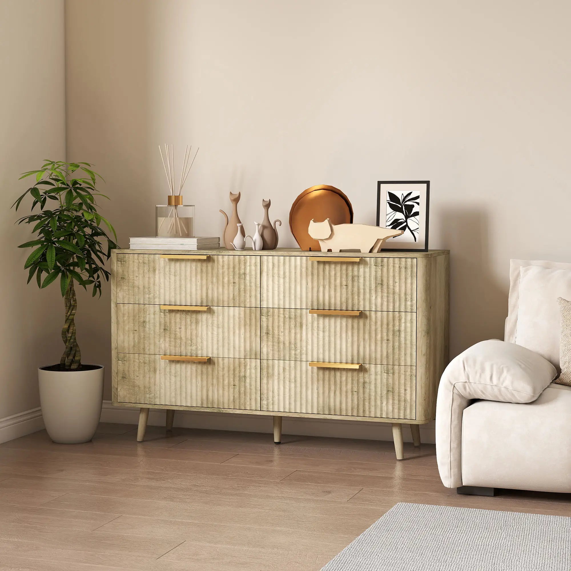 Fluted Chest of Drawers, 6 Drawer Dresser with Pine Wood Legs, Oak Storage Cabinets at Gallery Canada