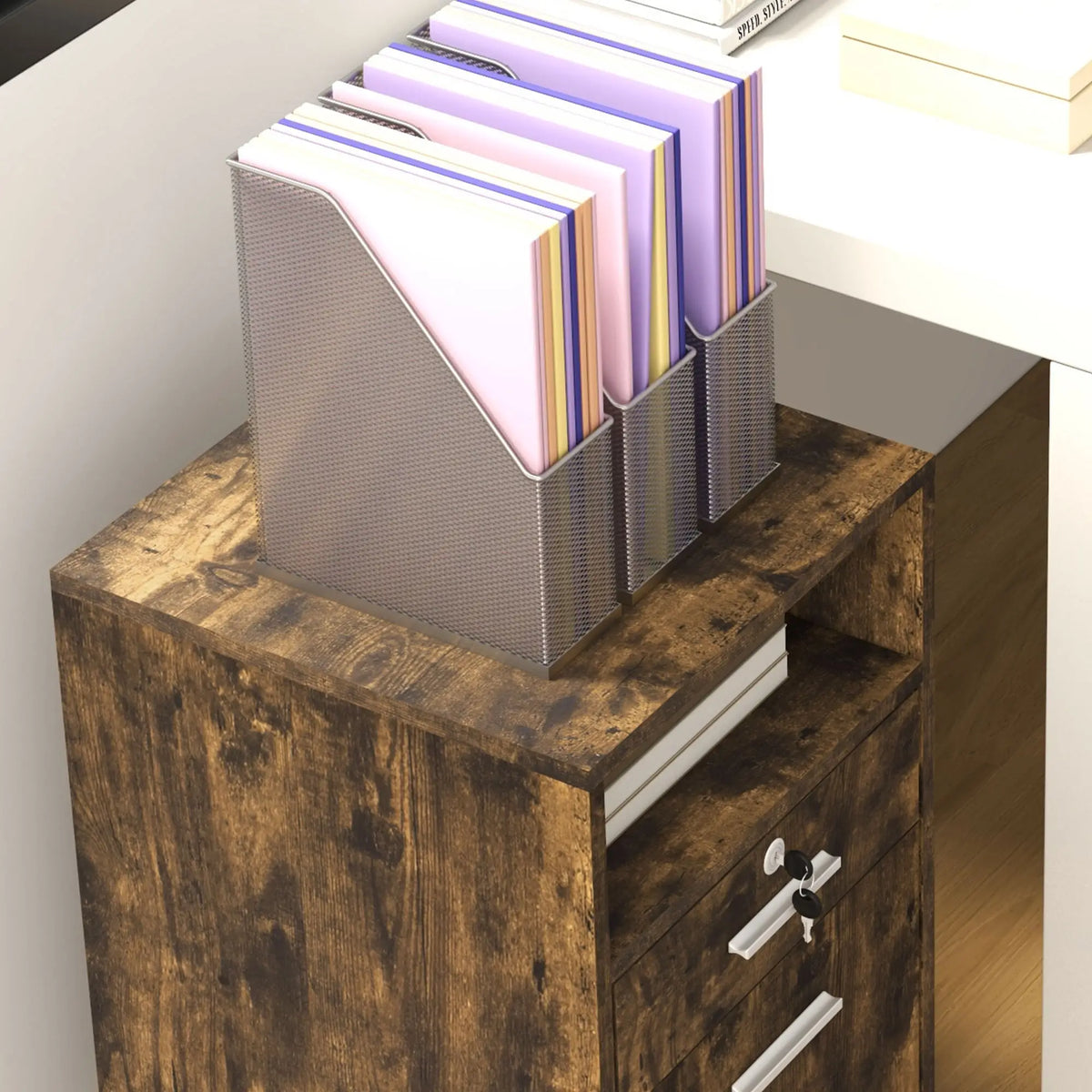 Small 2-Drawer Filing Cabinet, Lockable, on Wheels, Rustic Brown Office Cabinets & Cupboards at Gallery Canada