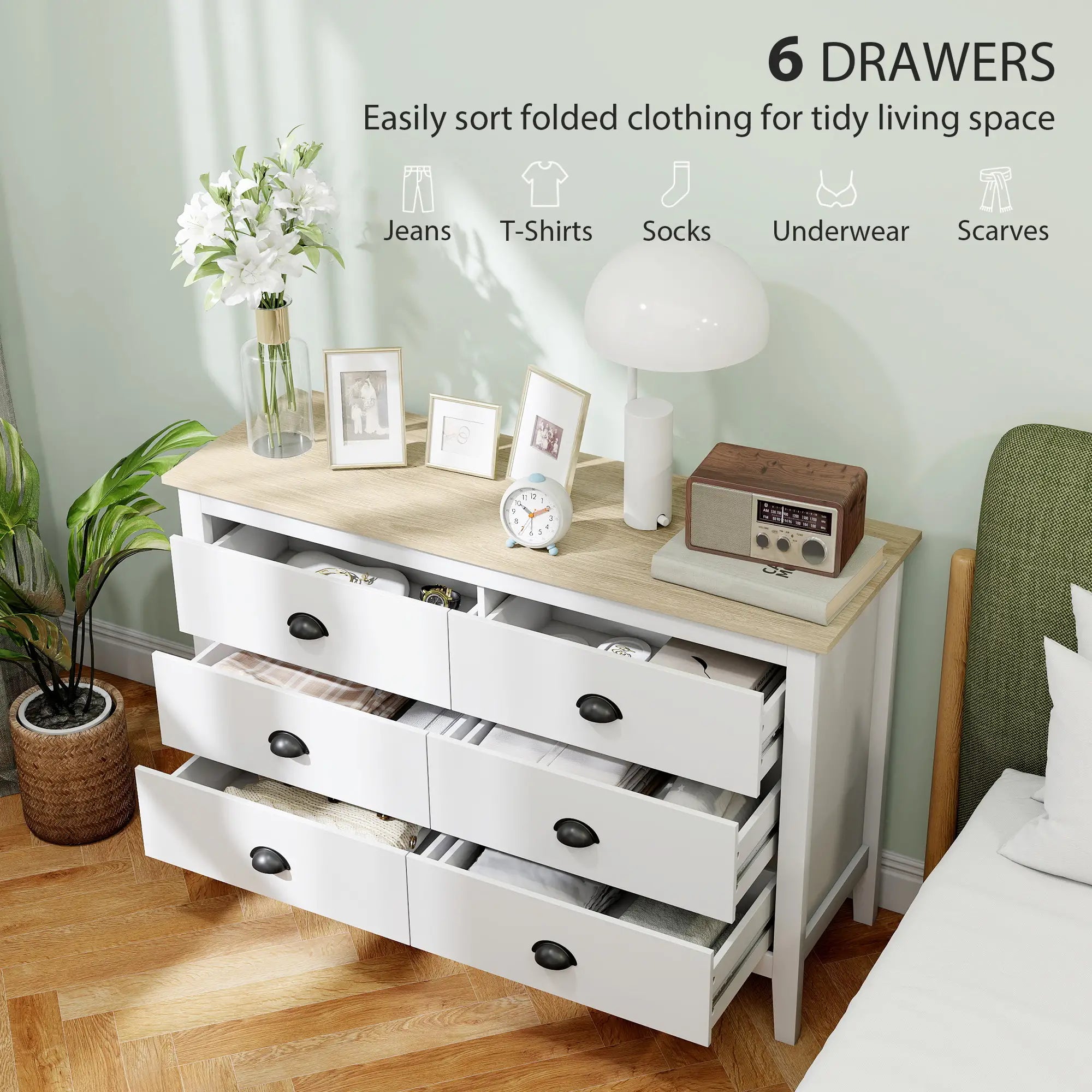 6 Drawer Dresser with Quiet Slides, Modern for Bedroom, White Storage Cabinets at Gallery Canada