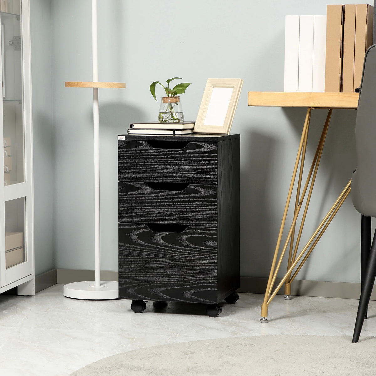 3 Drawer Vertical Filing Cabinet, Mobile Under Desk Storage, Wood Grain, Black Office Cabinets & Cupboards at Gallery Canada