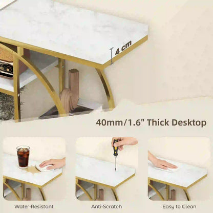 39.4" Console Table With Storage Shelves, White Marble Effect, White Console Tables at Gallery Canada