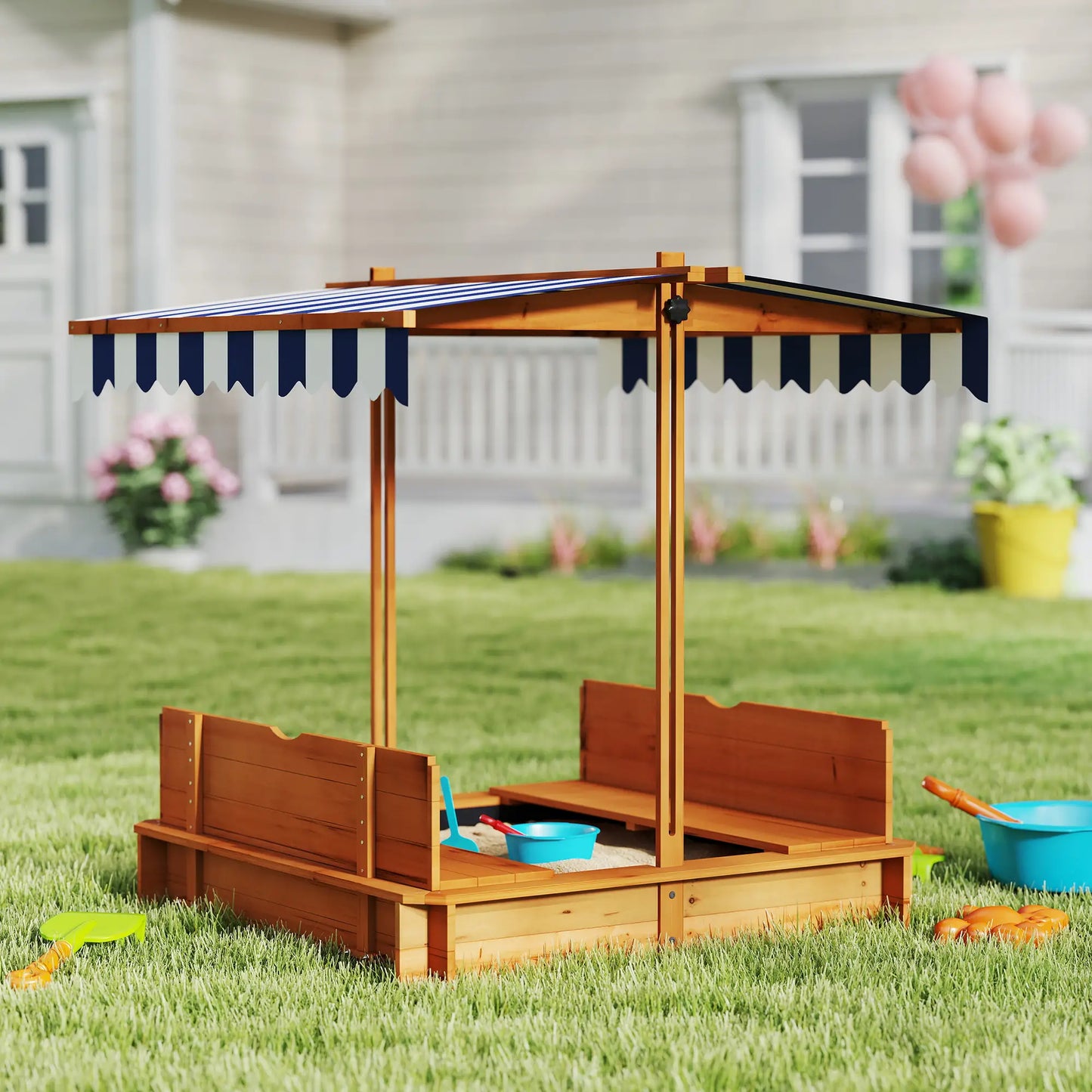 Wooden Kids Sandbox with Cover, Foldable Bench Seats, Adjustable Canopy, Red Sandboxes & Accessories at Gallery Canada