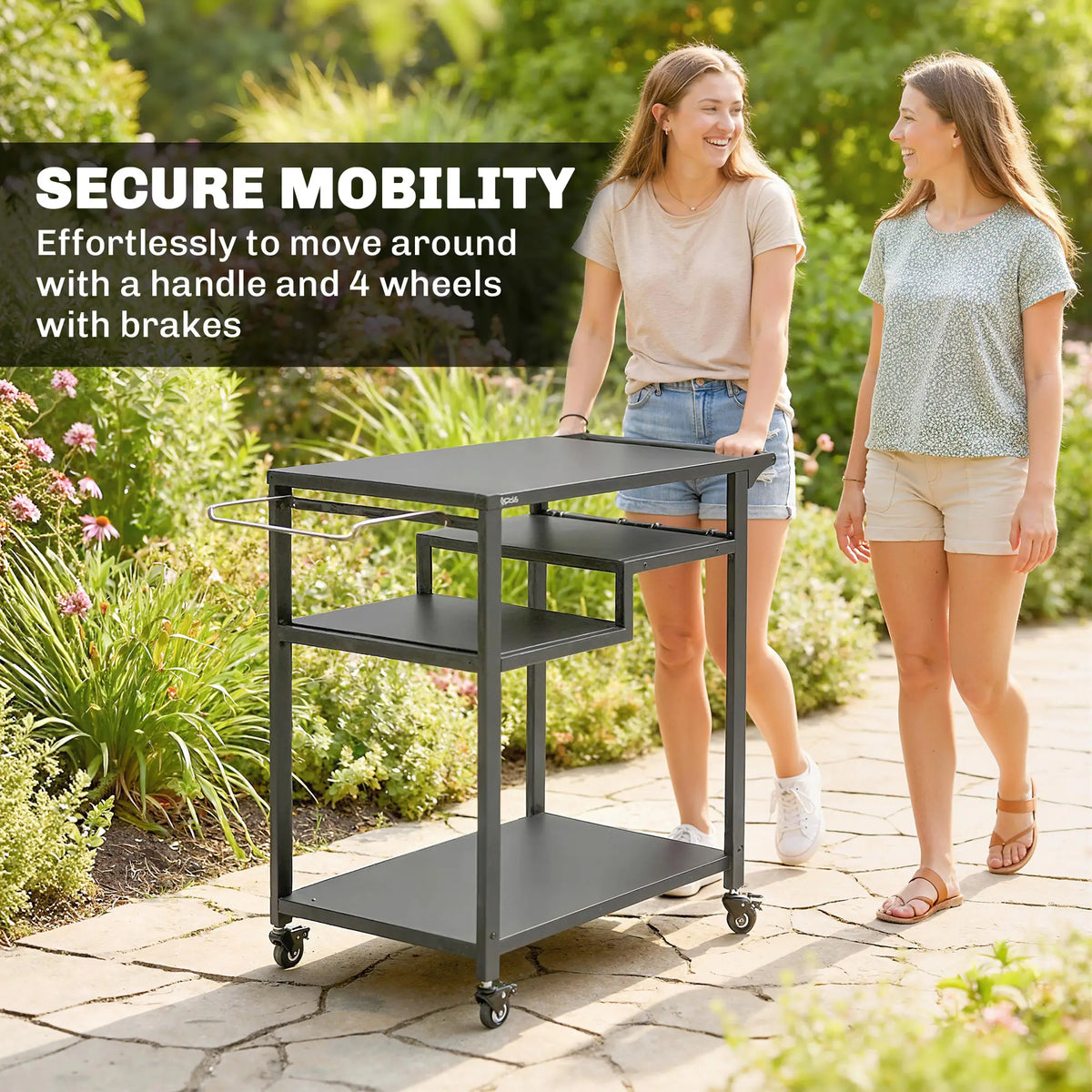 Outdoor Grill Cart, Three-Shelf Pizza Oven Stand With Hooks, Wheels, Black