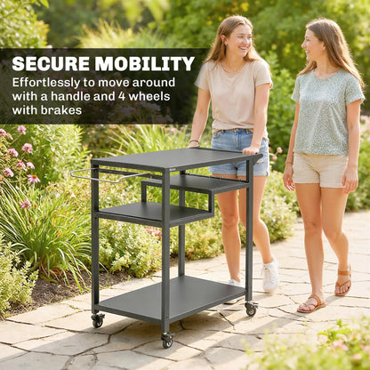 Outdoor Grill Cart, Three-Shelf Pizza Oven Stand With Hooks, Wheels, Black
