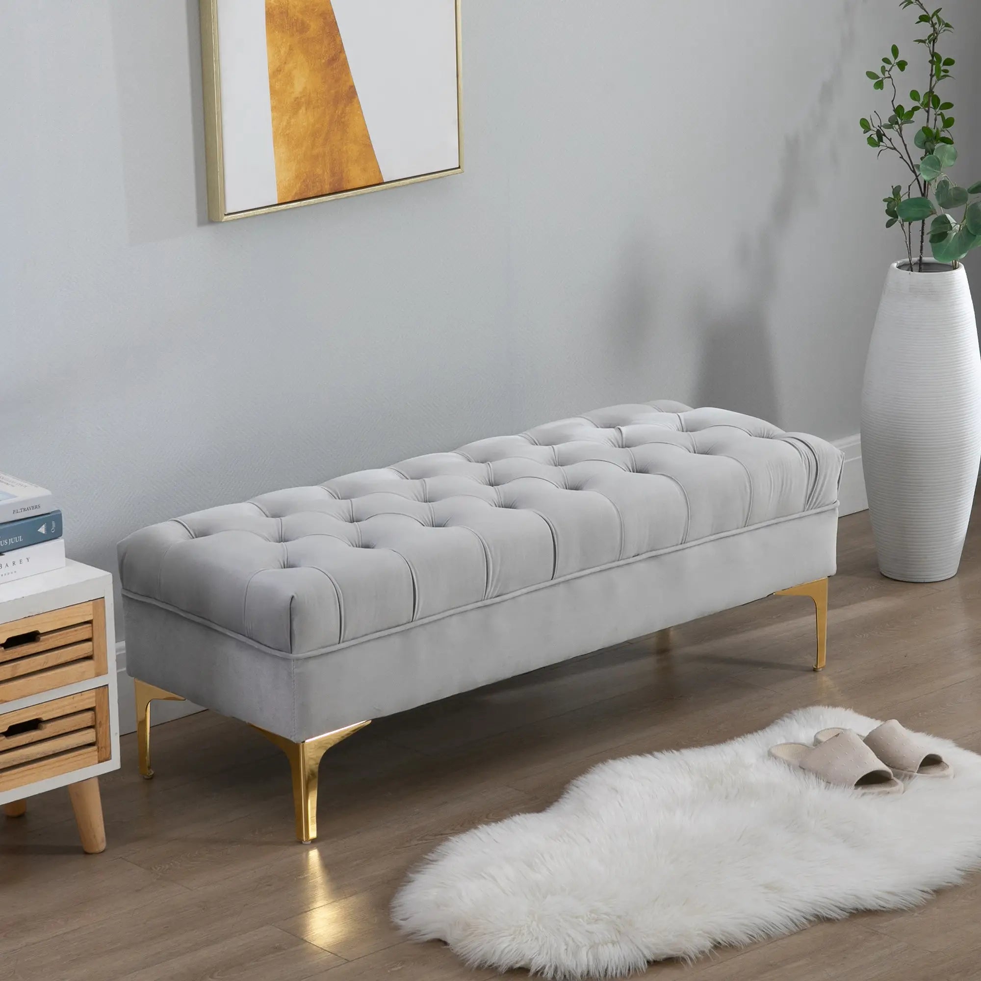 Upholstered End of Bed Bench with Button Tufted, Grey Storage Ottomans & Benches at Gallery Canada