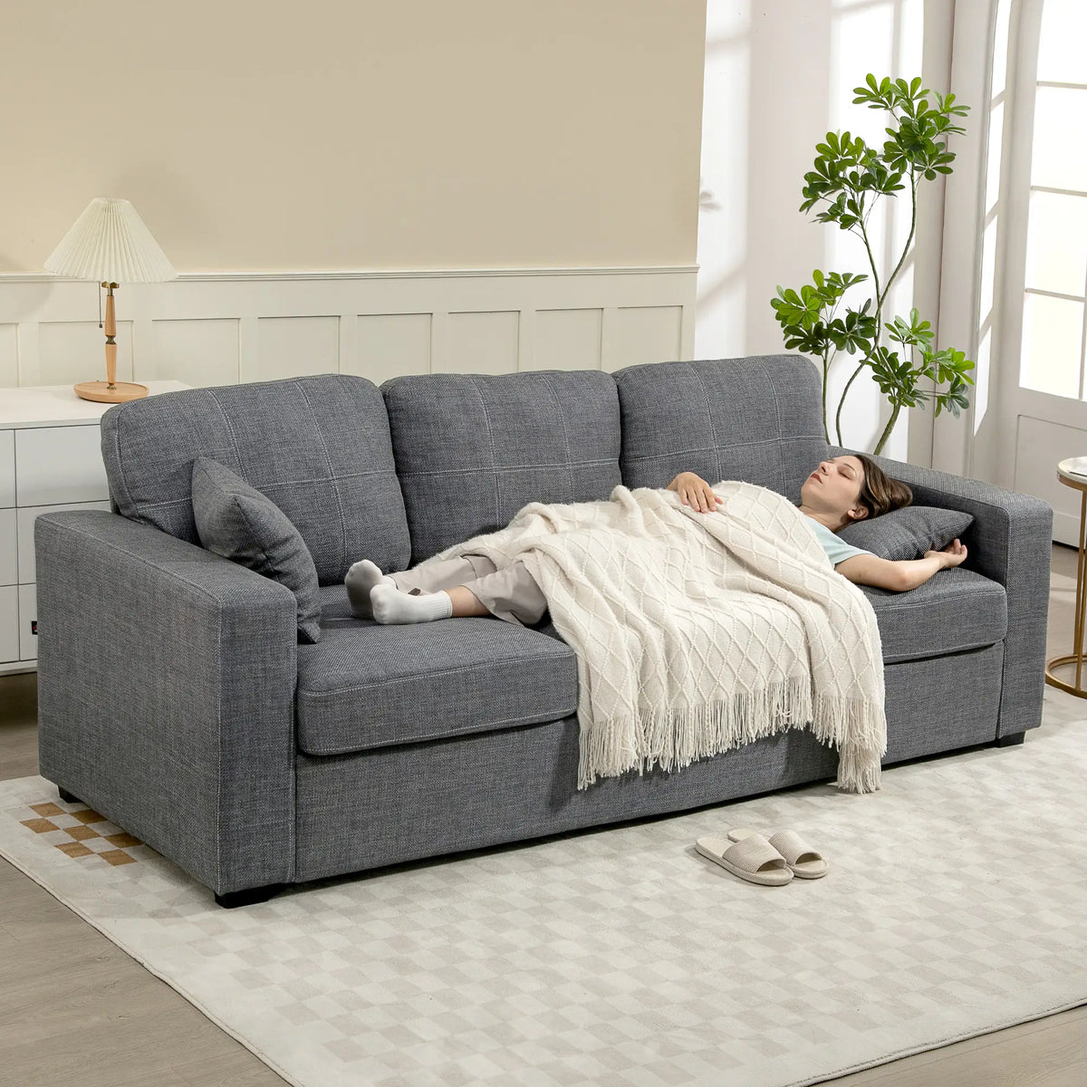 Modern Upholstered 3 Seater Sofa, Deep Seat, Dark Grey 3-Seater Sofas at Gallery Canada