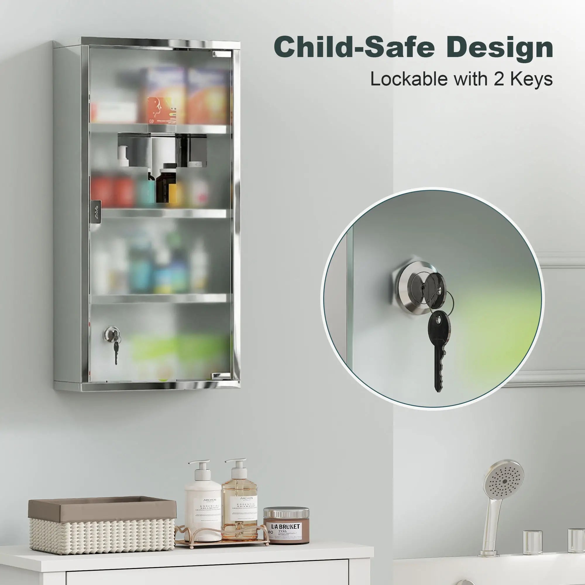 Wall Mount Medicine Cabinet, 4 Tier Shelves, Stainless Steel Frame, Glass Door, Lockable, 12