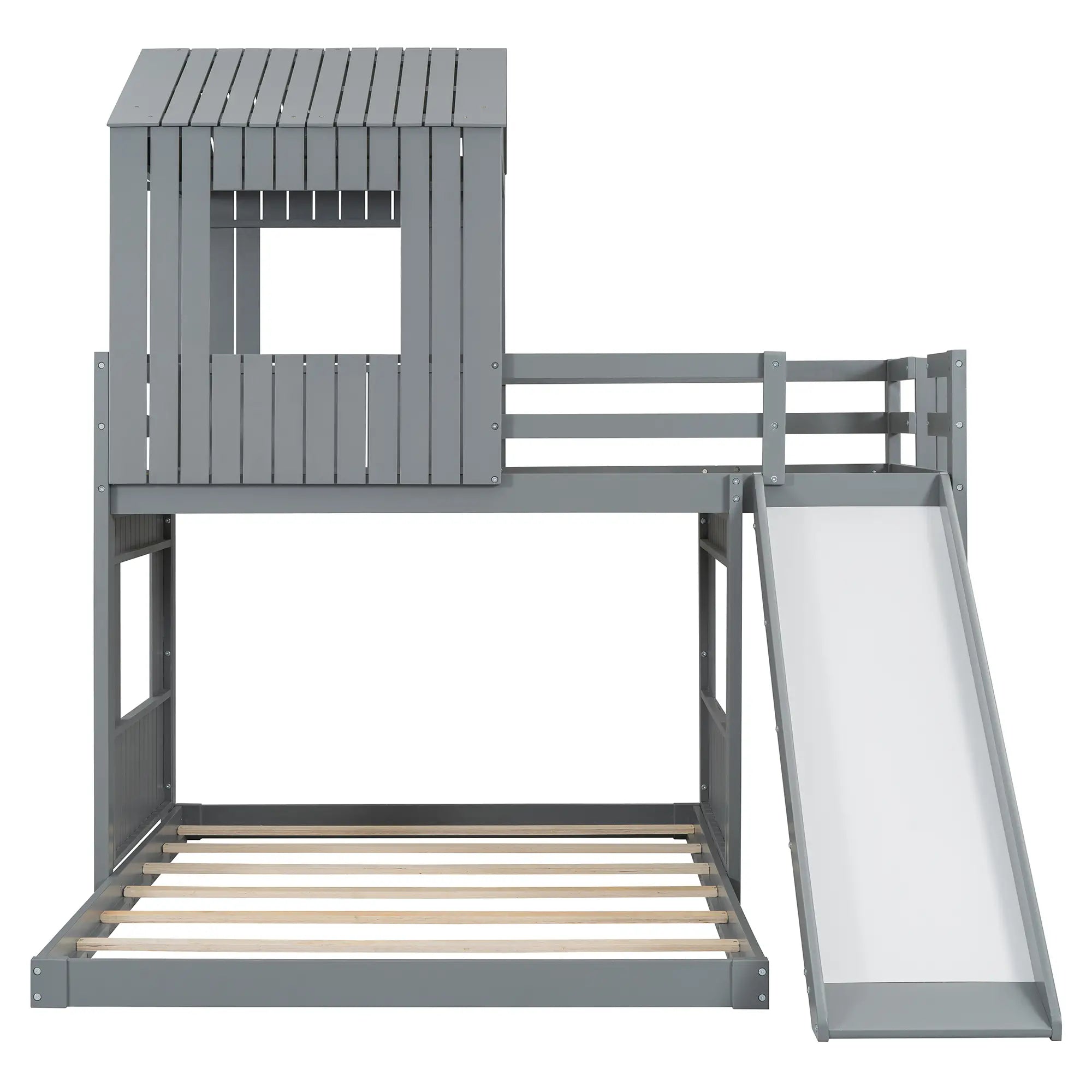 Twin Over Full Bunk Bed with Playhouse, Ladder, Slide, Guardrails, 82