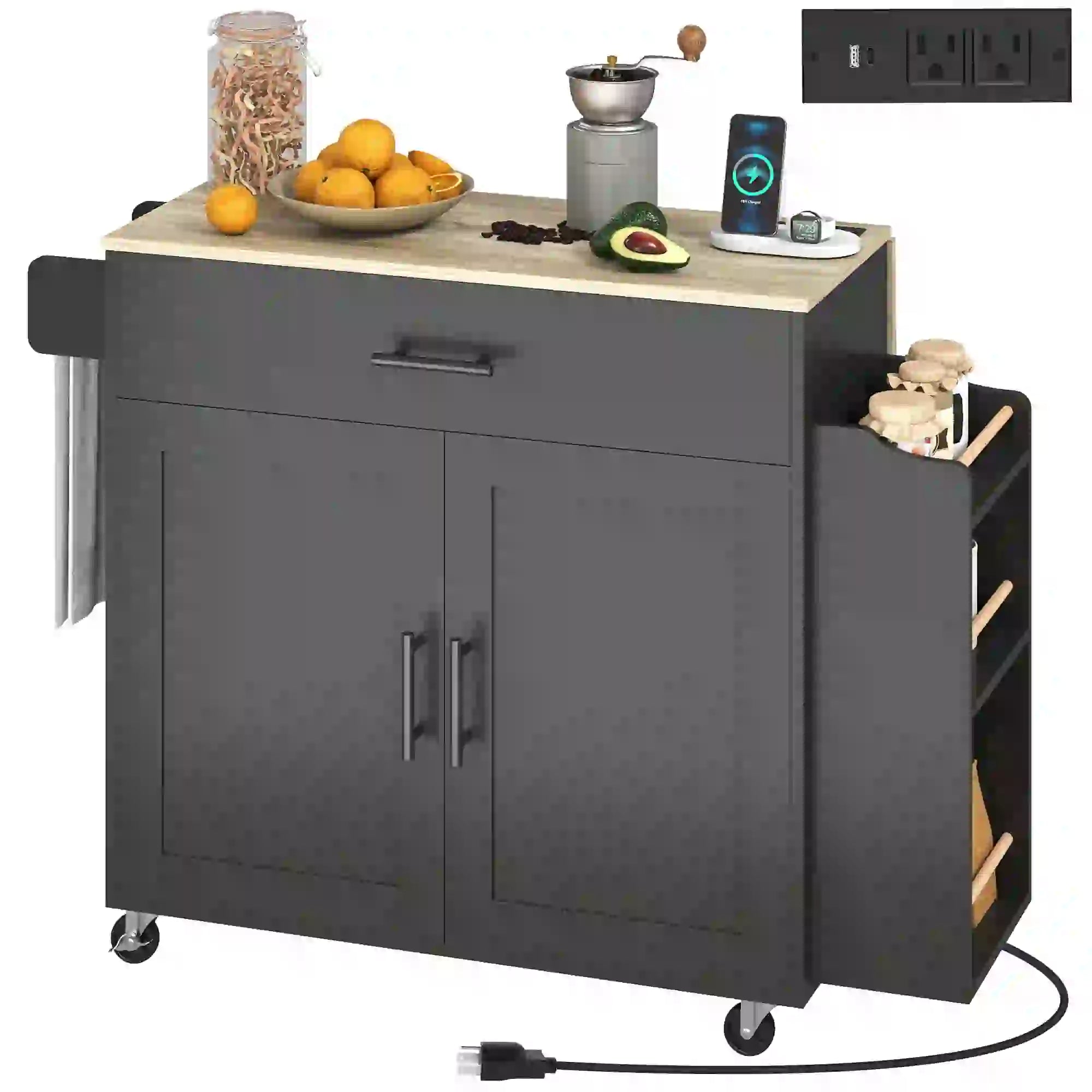 Kitchen Island with Storage, Rolling Cart, Foldable Drop Leaf, Power Outlet, USB Ports, Black Kitchen Islands & Kitchen Carts Natural, Black at Gallery Canada