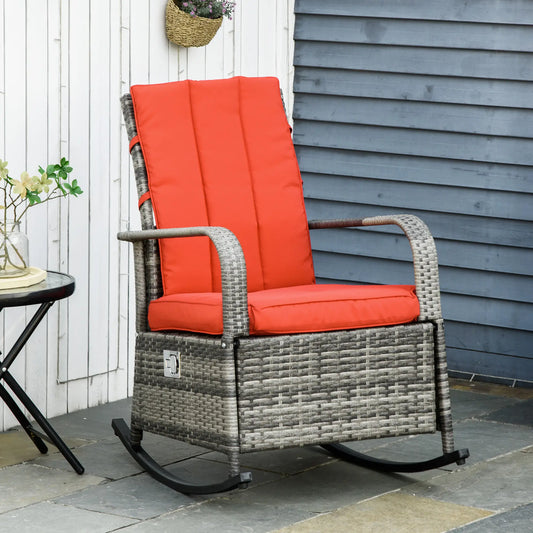 Outdoor Wicker Rocking Chair with Cushion, PE Rattan Recliner, Adjustable Footrest, Red Outdoor Rocking Chairs Brown Rattan, Red Cushion at Gallery Canada