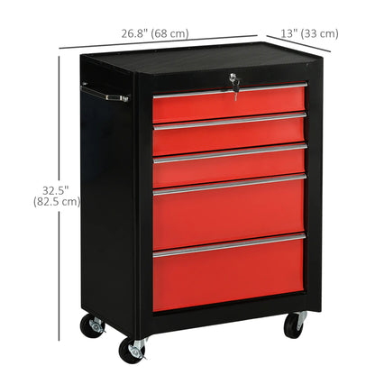 5-Drawer Rolling Tool Chest, Lockable Tool Cabinet, 4 Wheels, Black, Red