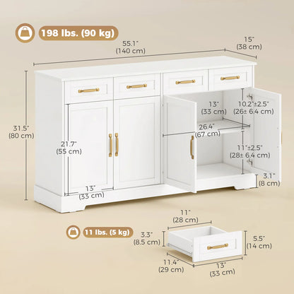 Sideboard Buffet Cabinet, 55" Modern Farmhouse, 4 Drawers, 4 Doors Bar Cabinets at Gallery Canada
