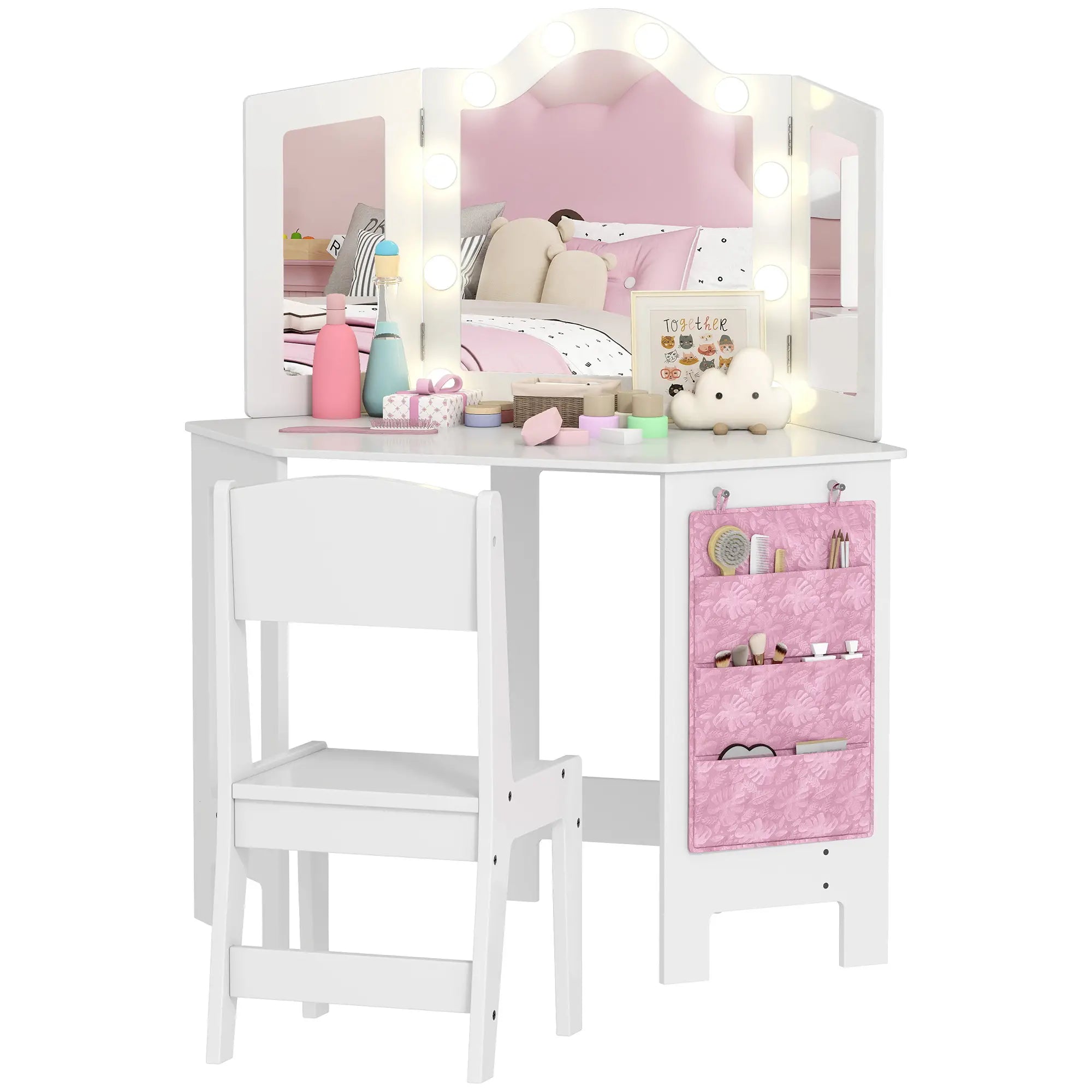 Kids Vanity Table and Chair Set with Lights, Tri-Fold Mirror, White Kids Bedroom Furniture at Gallery Canada