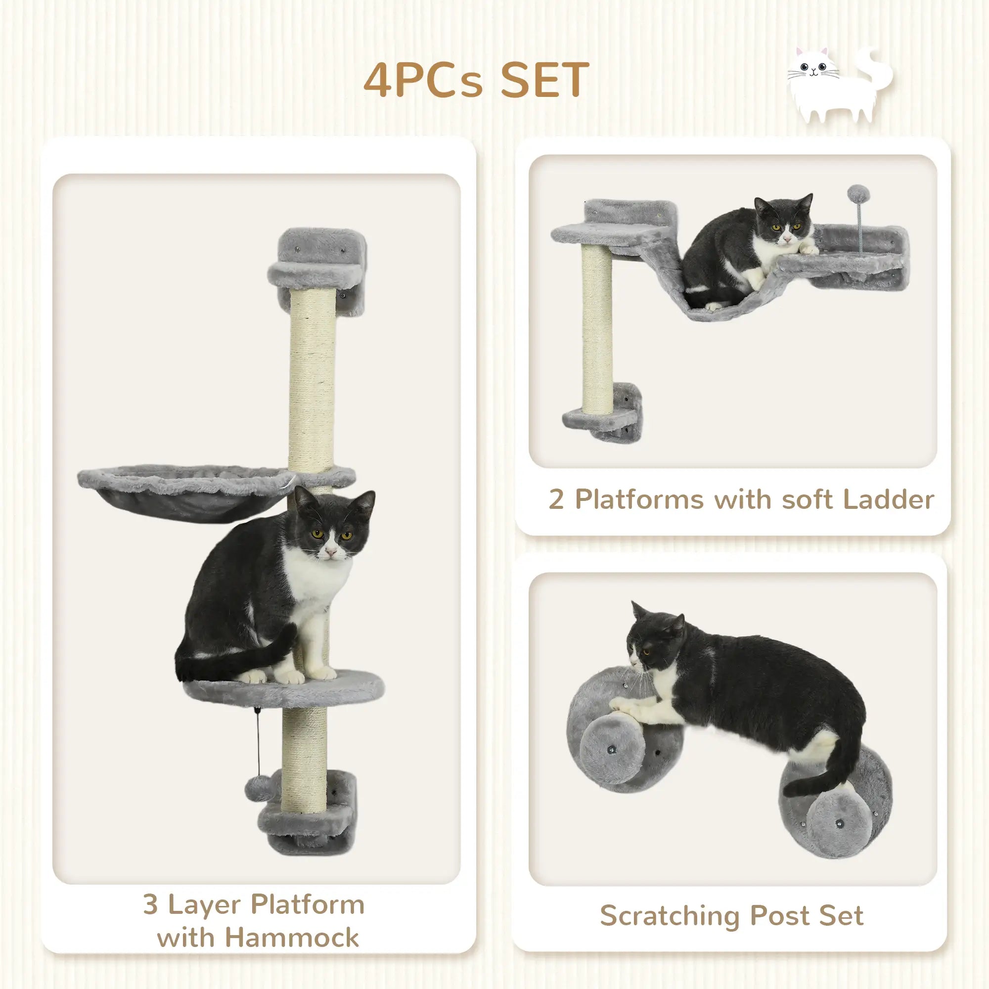 4PCs Cat Wall Shelves, Hammock, Scratching Post, Ladder, Grey Cat Climbing Wall at Gallery Canada