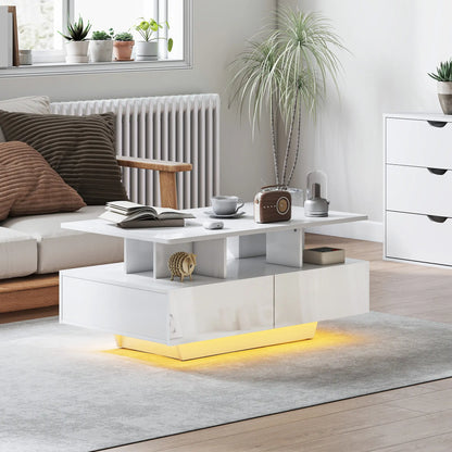 Modern Coffee Table with RGB LED Lights, 4 Drawers, Open Shelf, Remote, High Gloss White, White Coffee Tables at Gallery Canada