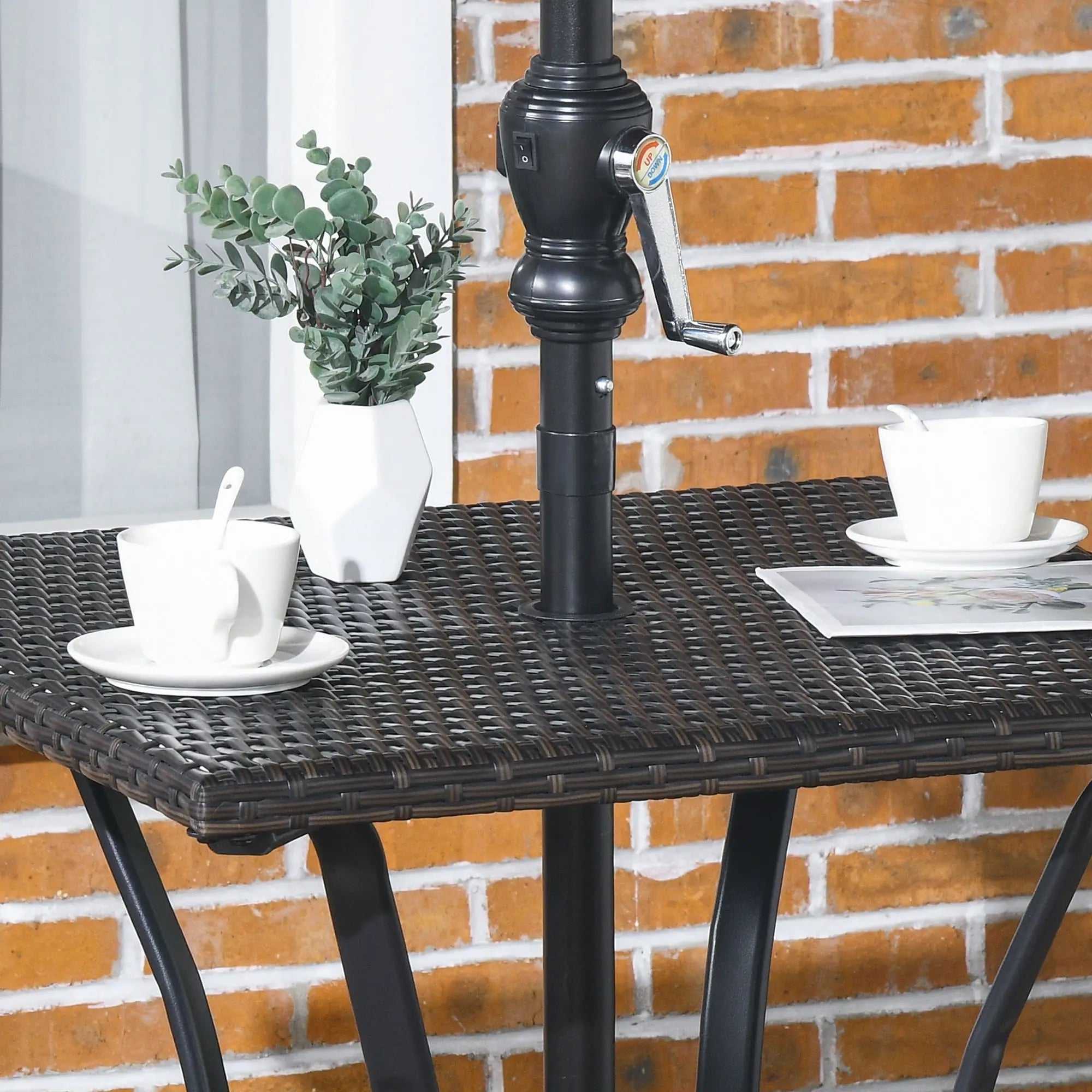 34 Inch Outdoor PE Rattan Dining Table, Umbrella Hole, Mixed Brown, Brown Patio Side Tables at Gallery Canada