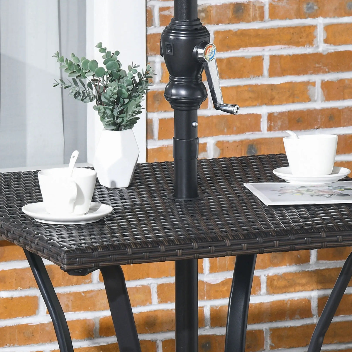 34 Inch Outdoor PE Rattan Dining Table, Umbrella Hole, Mixed Brown, Brown Patio Side Tables at Gallery Canada