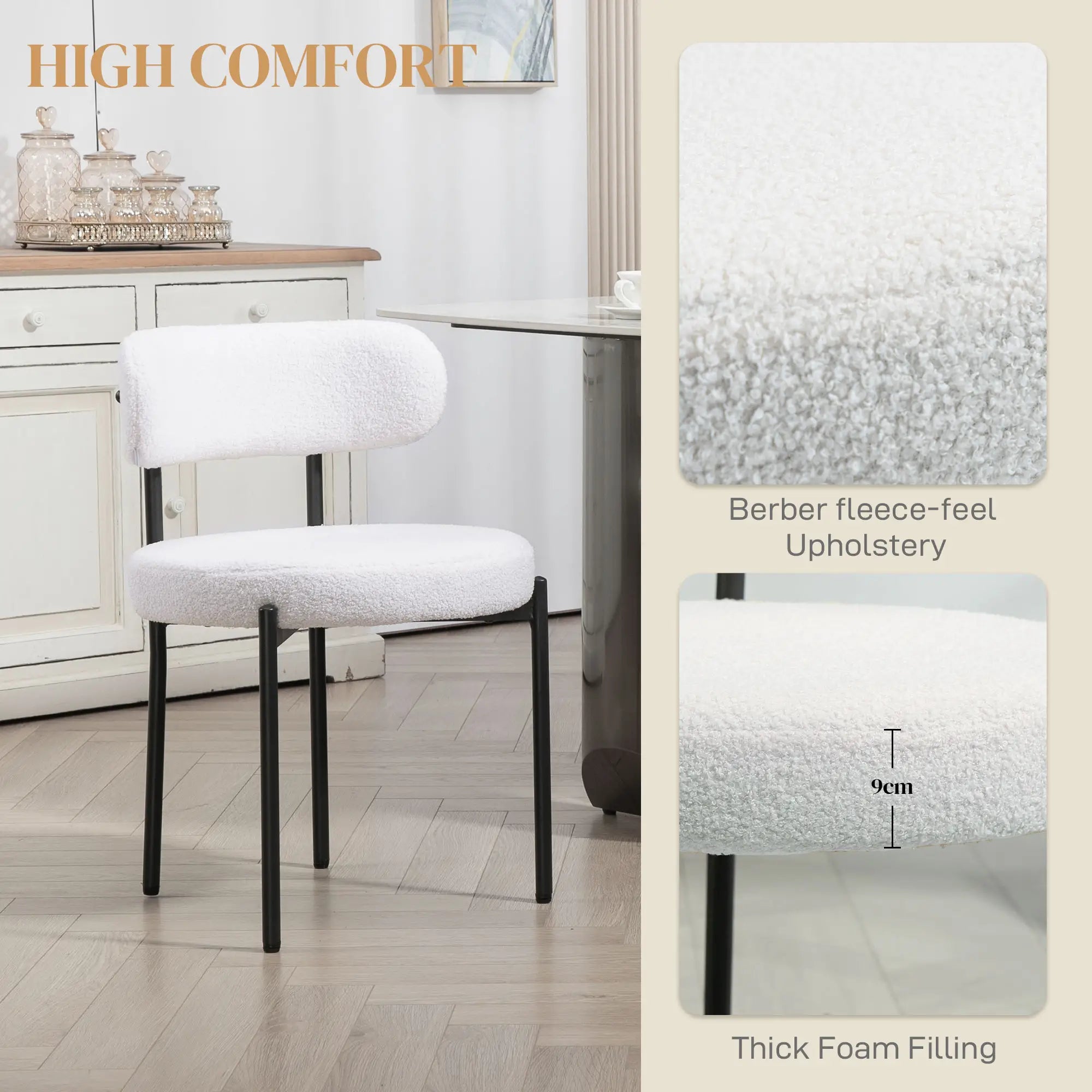 4 Kitchen Chairs, Modern Dining, Berber Fleece Upholstery, Steel Legs, Cream White Dining Chairs at Gallery Canada