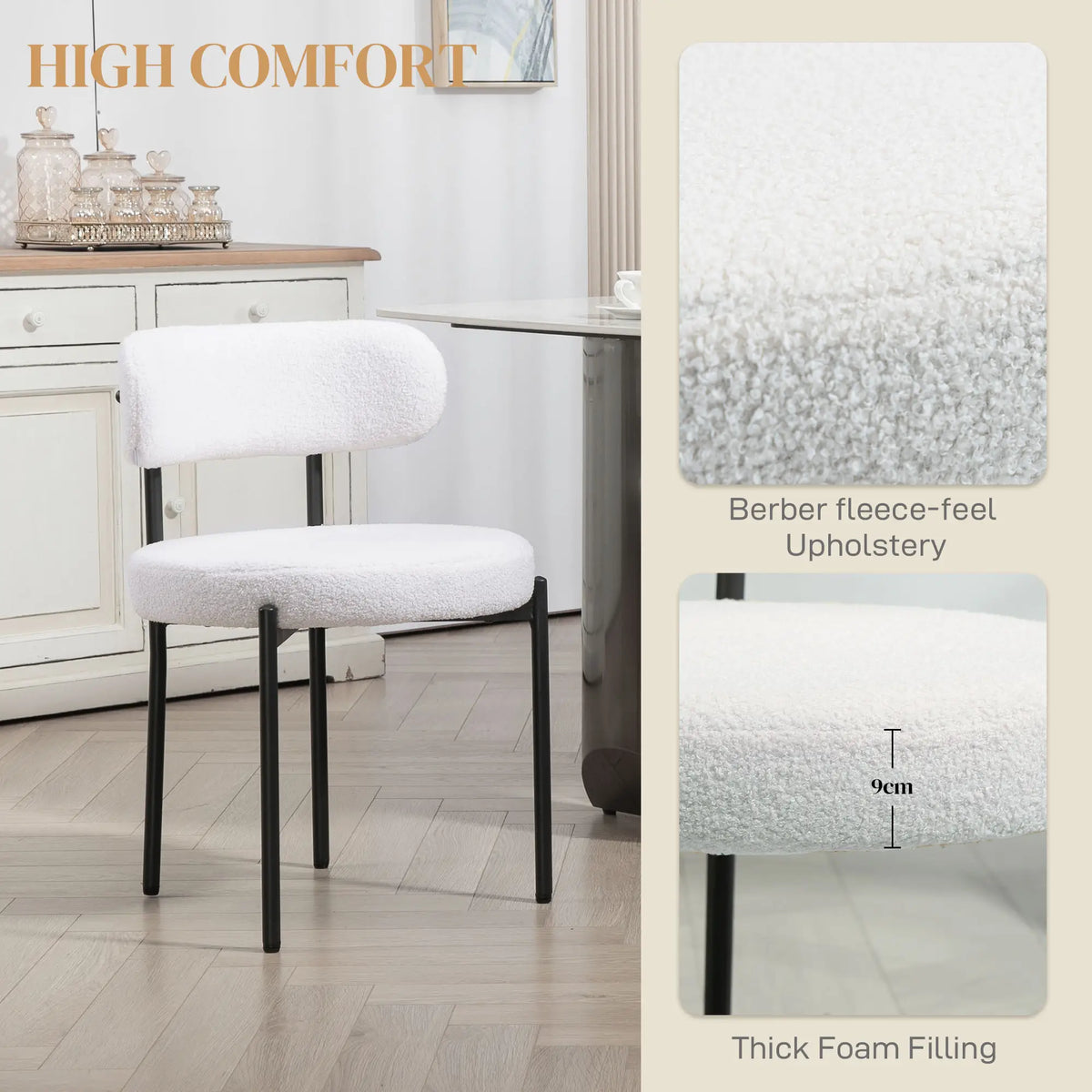 4 Kitchen Chairs, Modern Dining, Berber Fleece Upholstery, Steel Legs, Cream White Dining Chairs at Gallery Canada